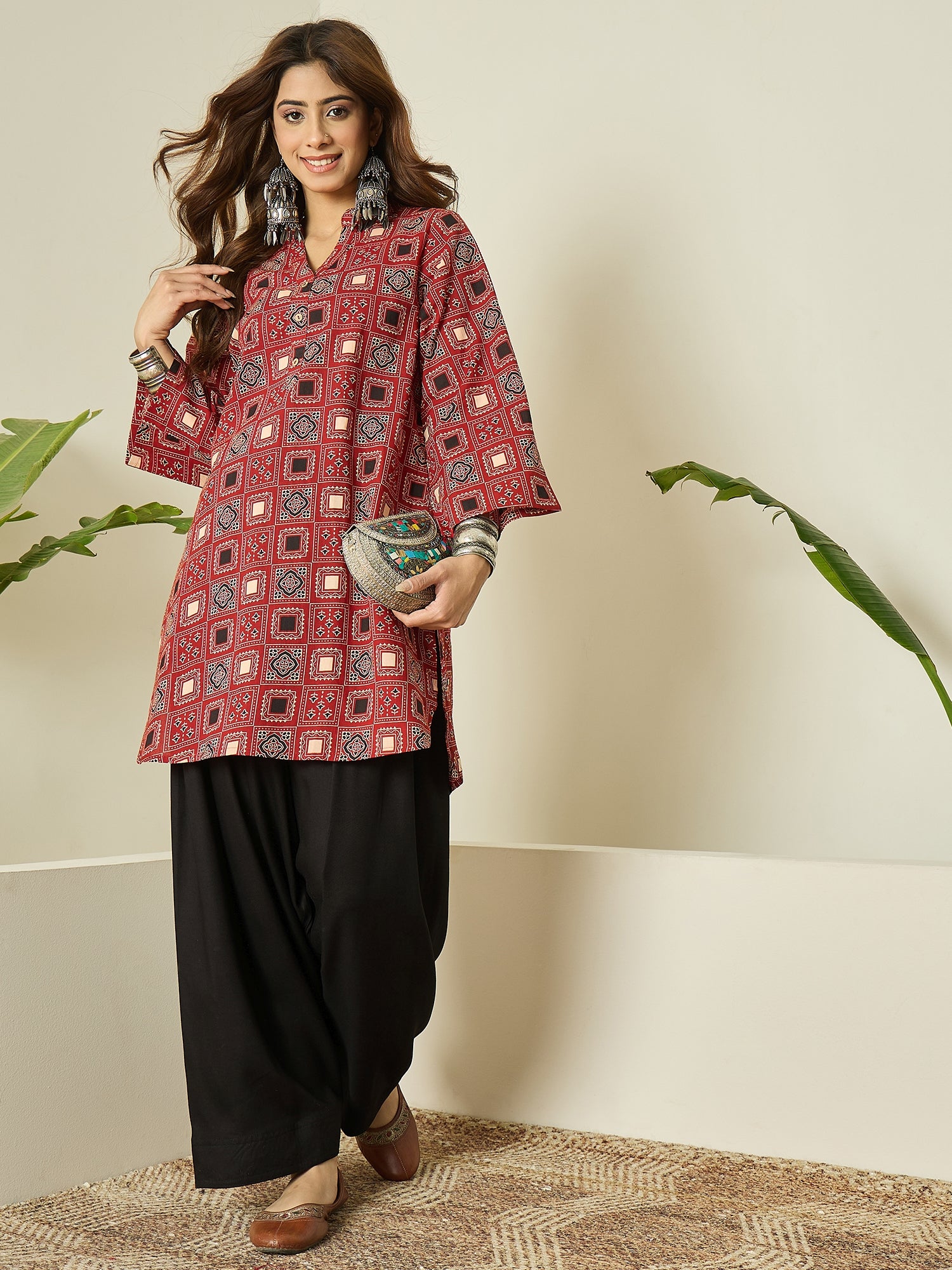 Rust Black Ethnic Kurta White Salwar Set