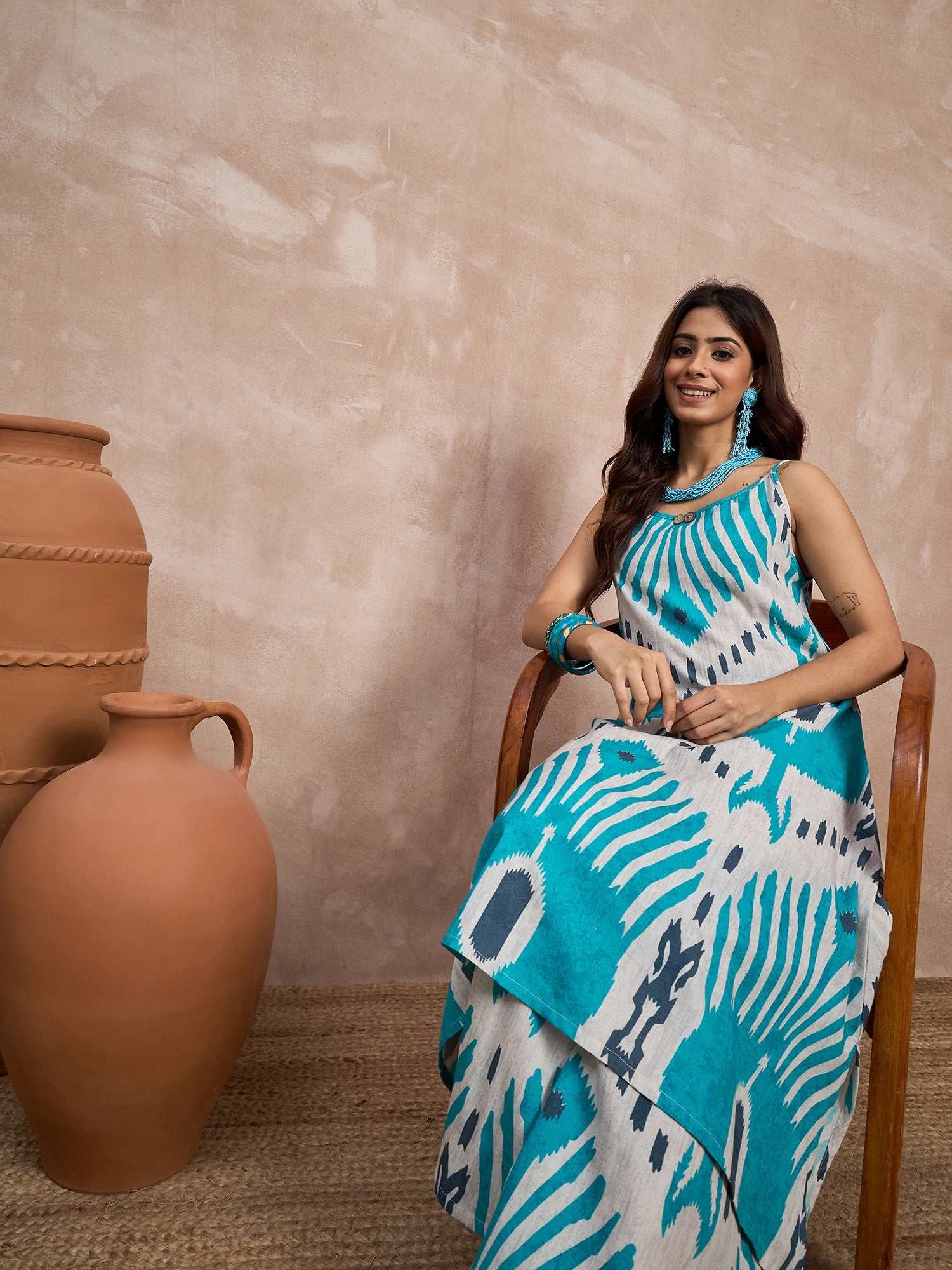 Sky Blue Ikkat Print Button Strappy Kurta Set