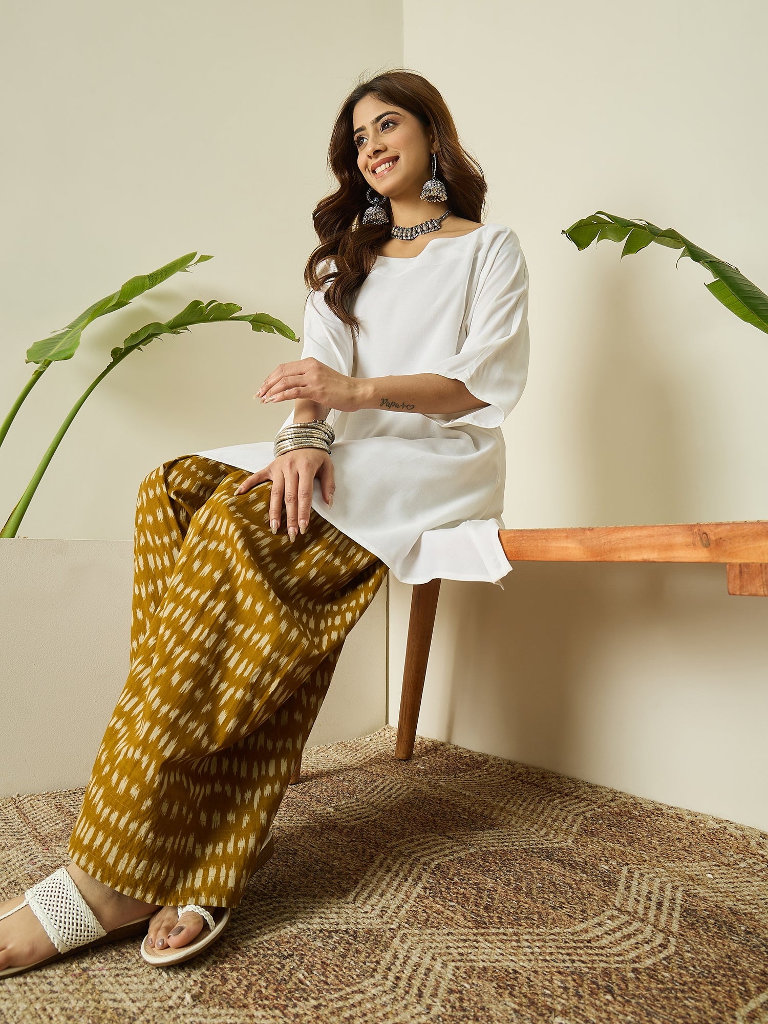 White Boat Neck Yellow Ikkat Salwar Set