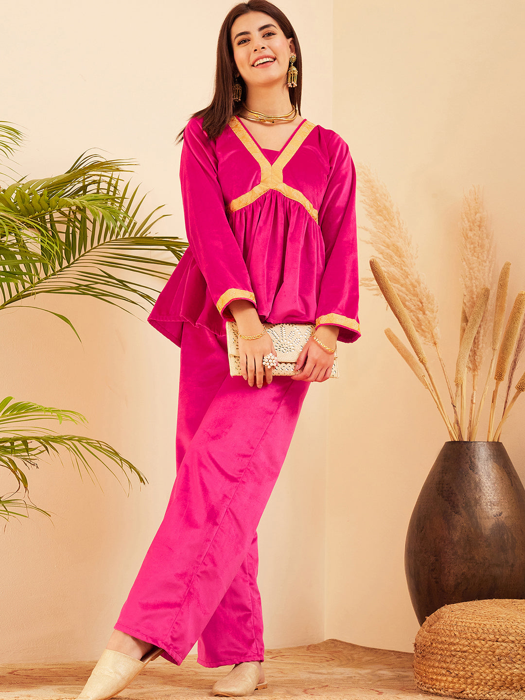 Magenta Mughal Shaan Style Velvet Short Kurta Set