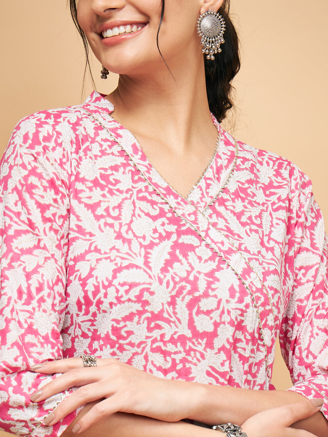 PINK FOIL WHITE PRINT ANGRAKHA STRIGHT KURTA