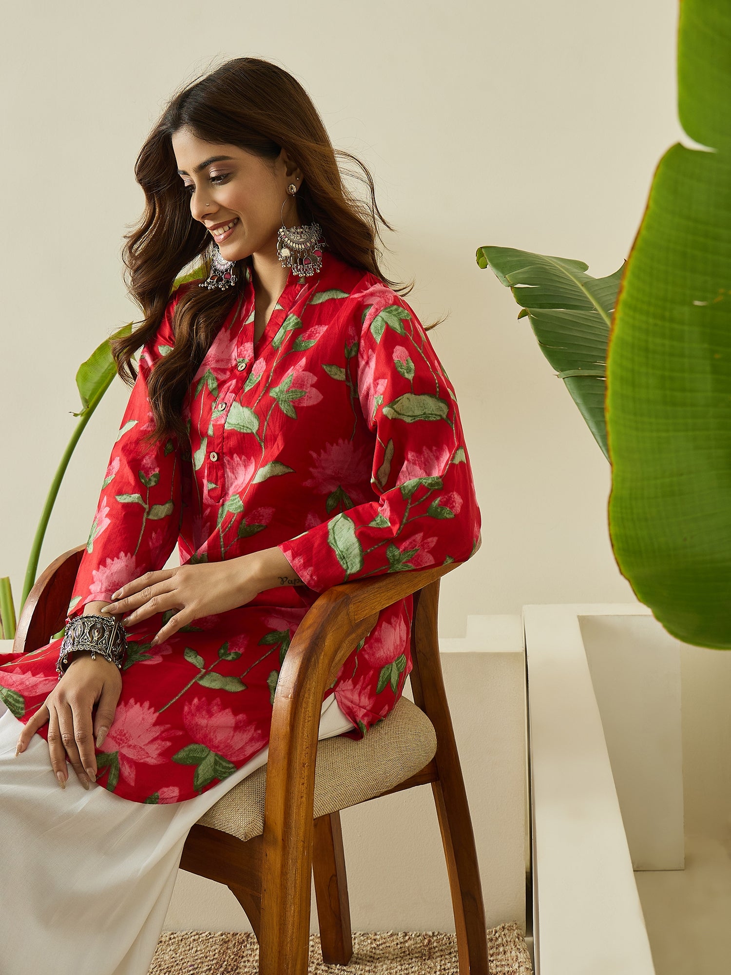 Red Lotus Print Kurta White Salwar Set