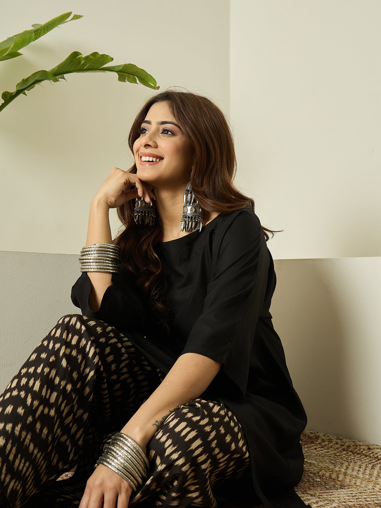 Black Boat Neck Black Ikkat Salwar Set