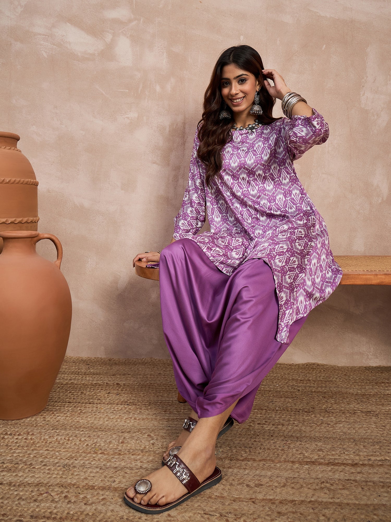 Dark Mauve Foil Boat Neck Dhoti Set