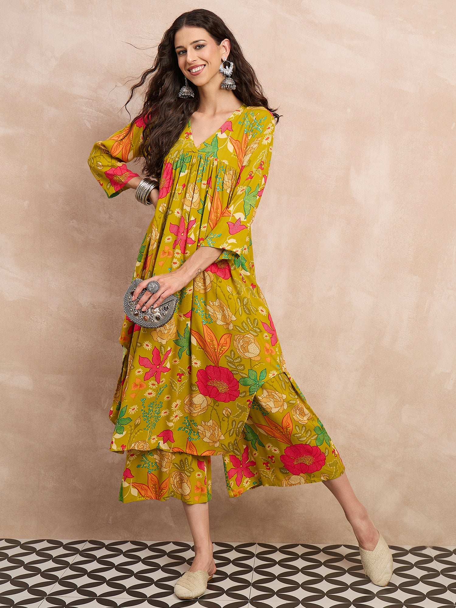 Lemon Yellow Rose Print Flared Kurta Set