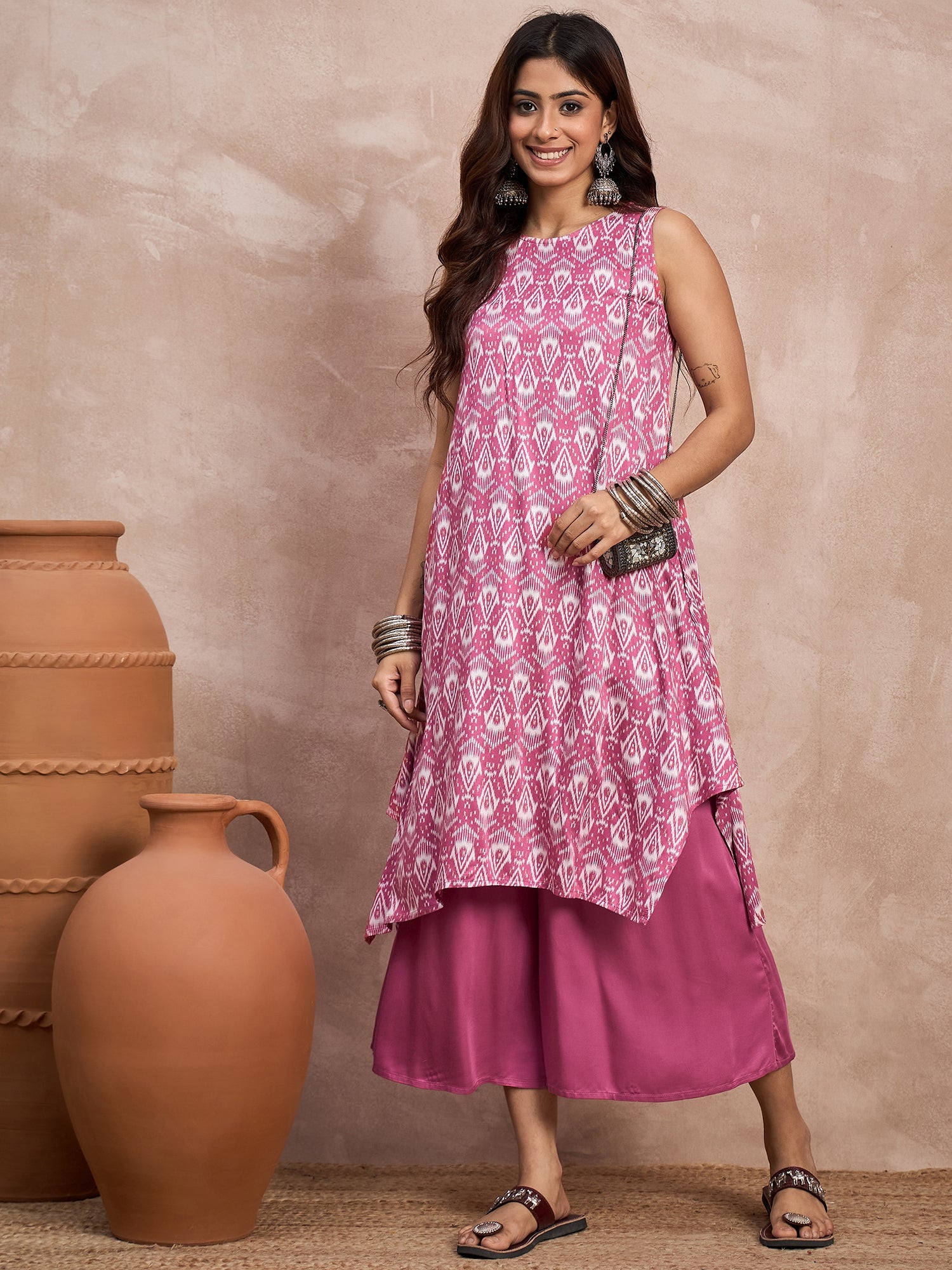 Punch Pink Foil Kurta Palazzo Set