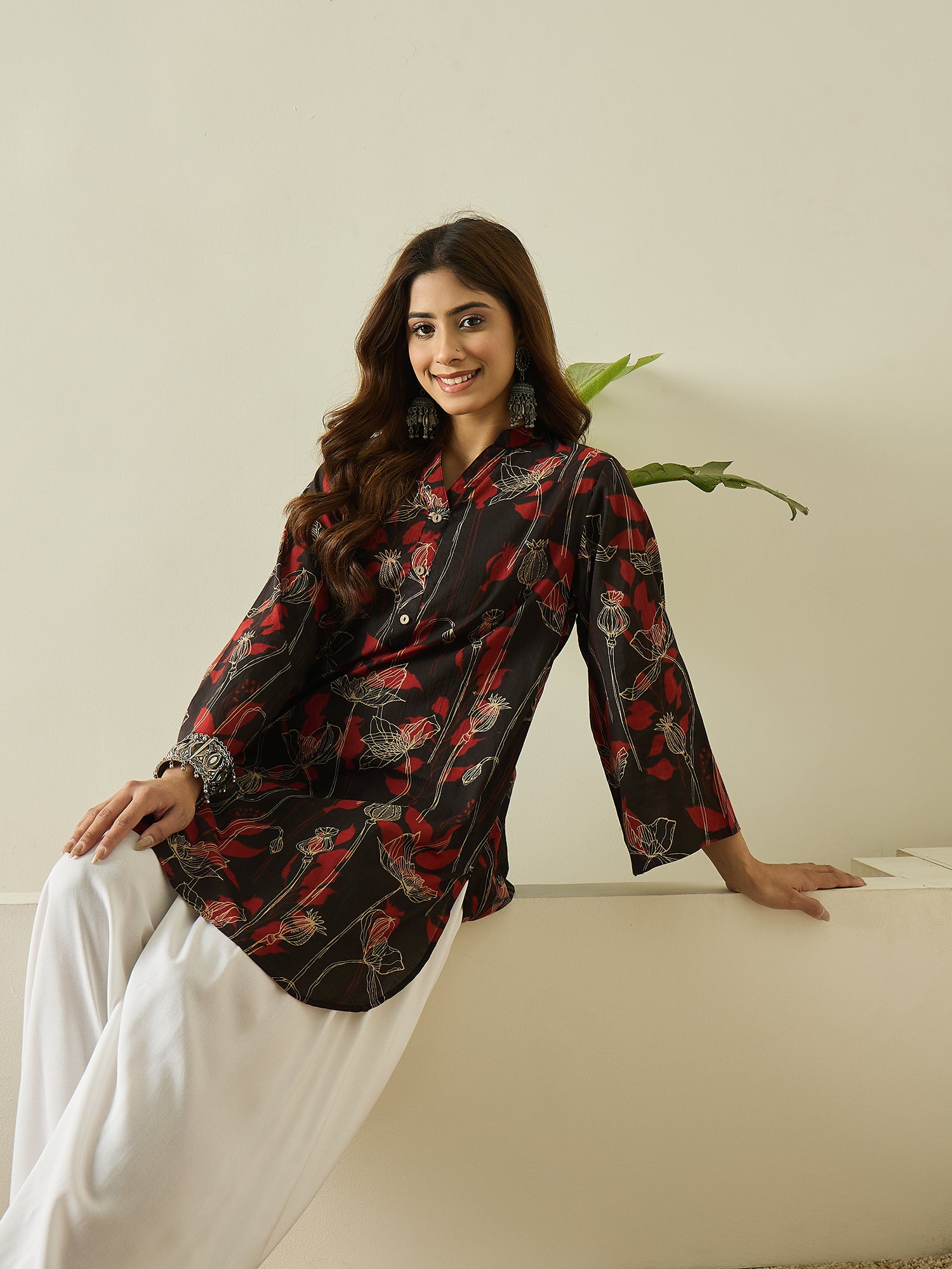 Black Maroon Leaf Kurta White Salwar Set