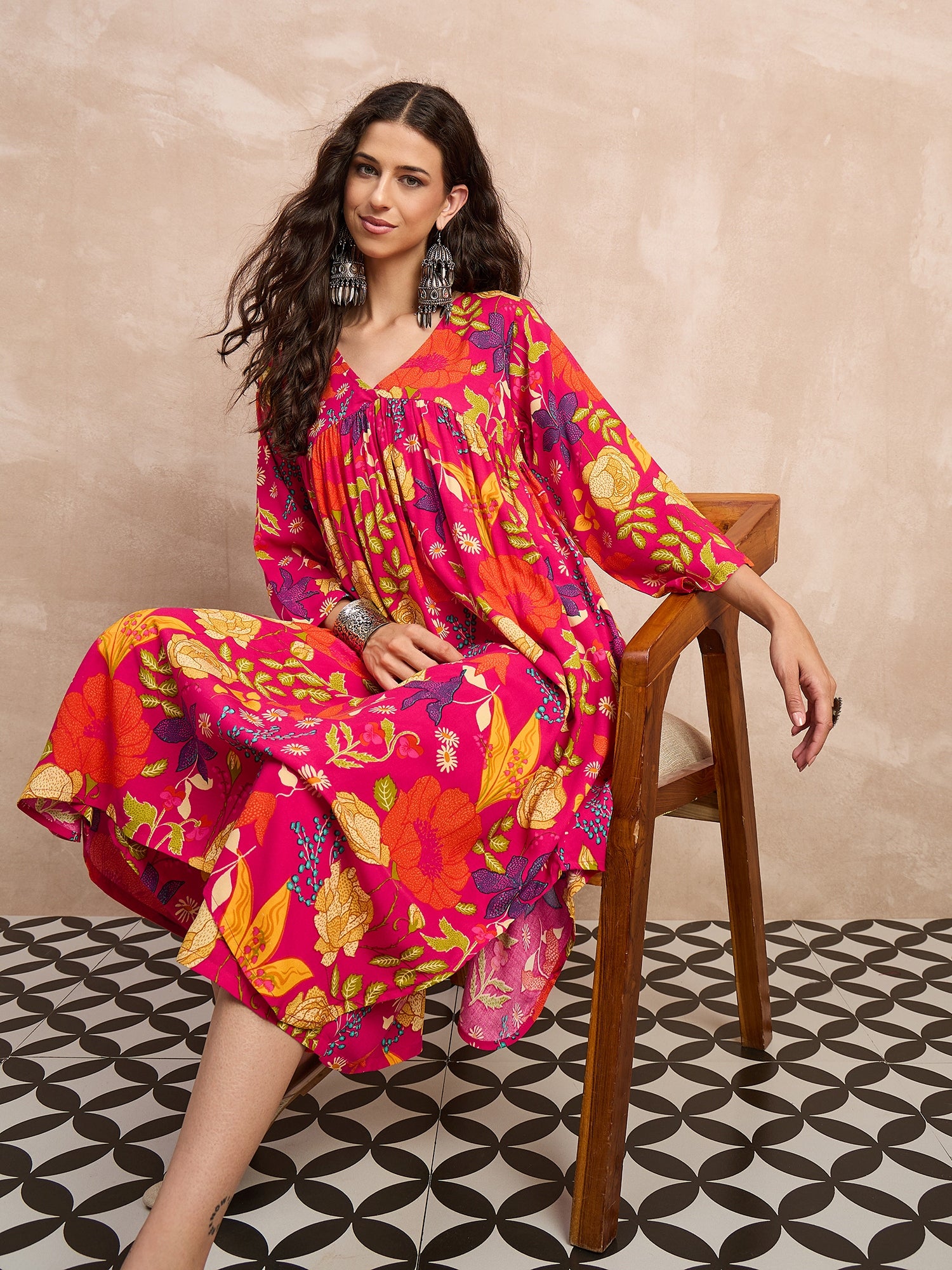 Rani Pink Rose Print Flared Kurta Set