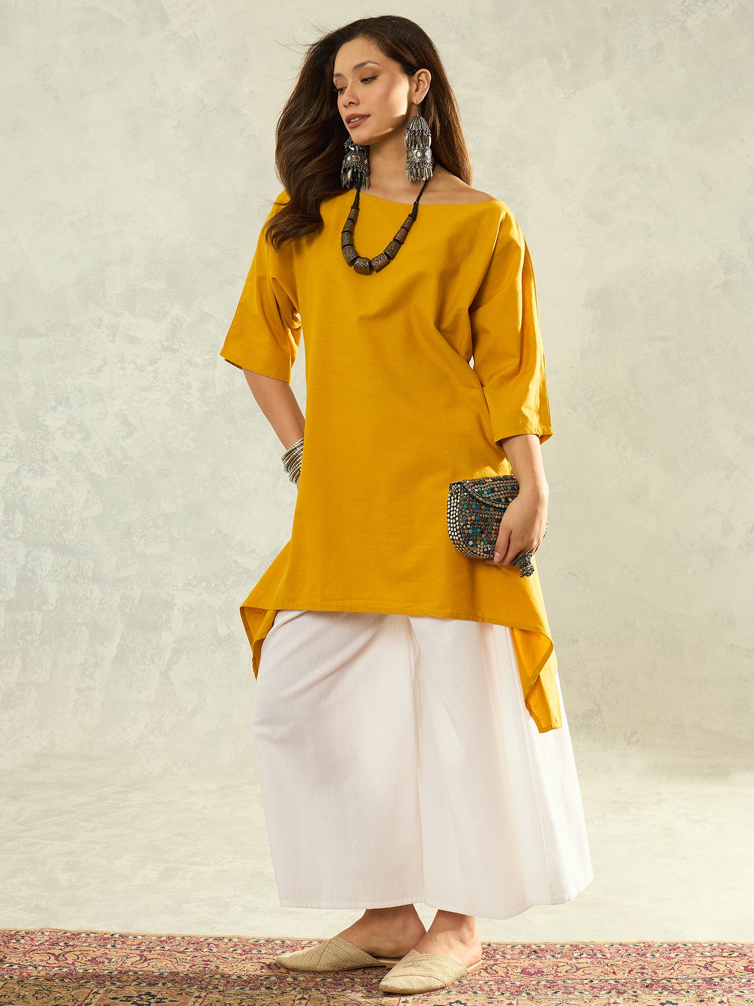 Yellow Boat Neck White Palazzo Set