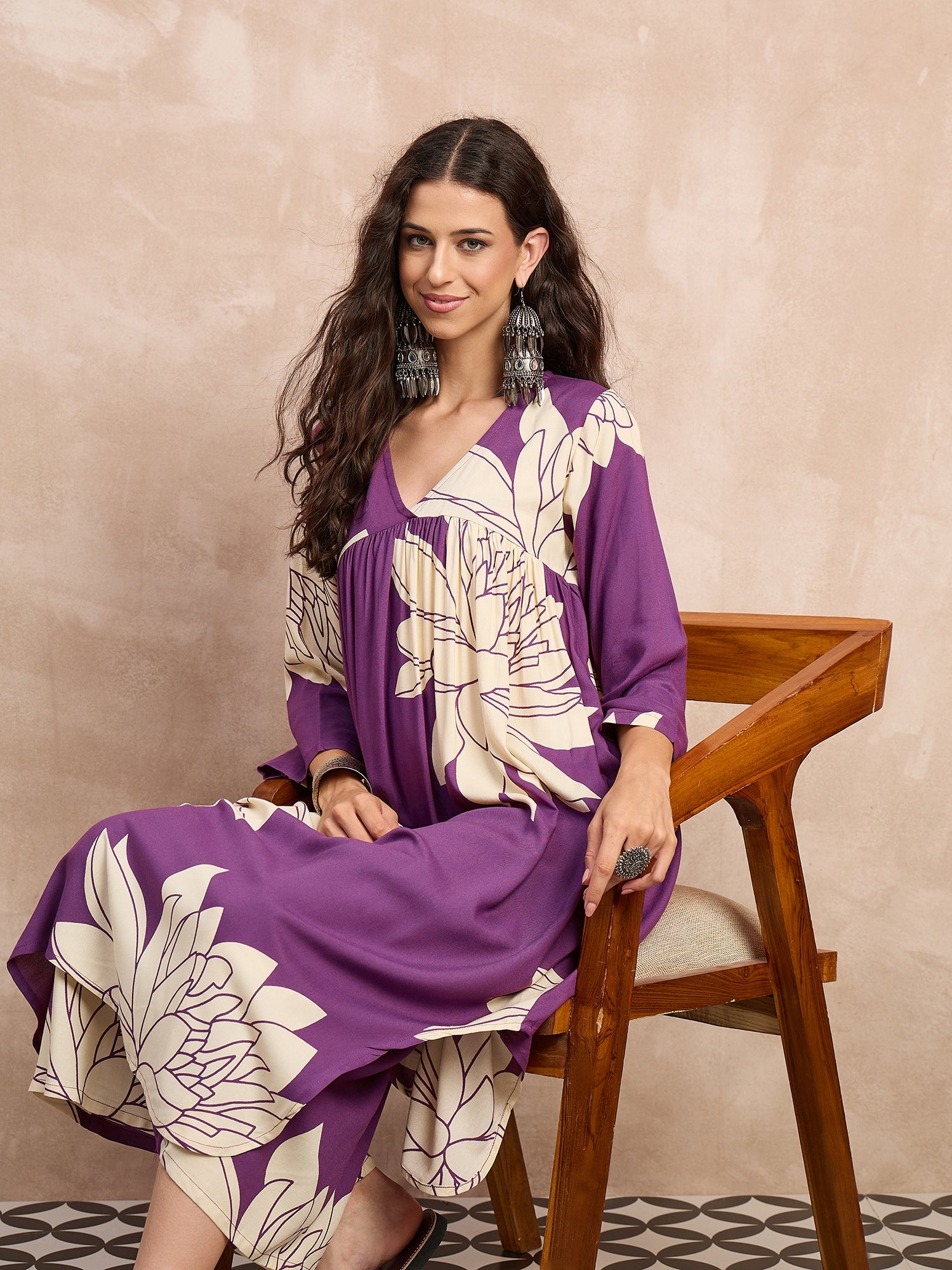 Mauve Big Lotus Print Flared Kurta Set