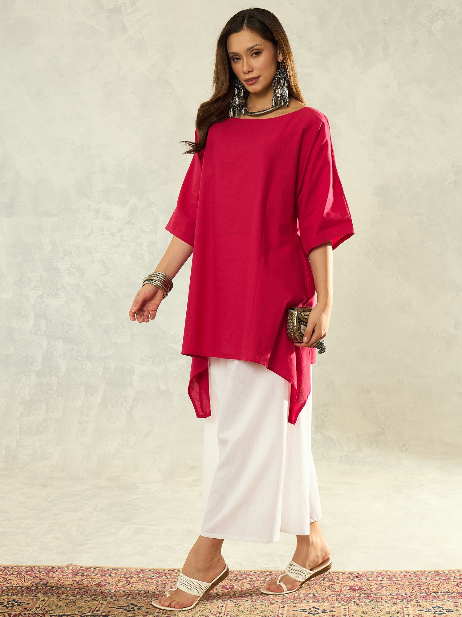 Dark Pink Boat Neck White Palazzo Set