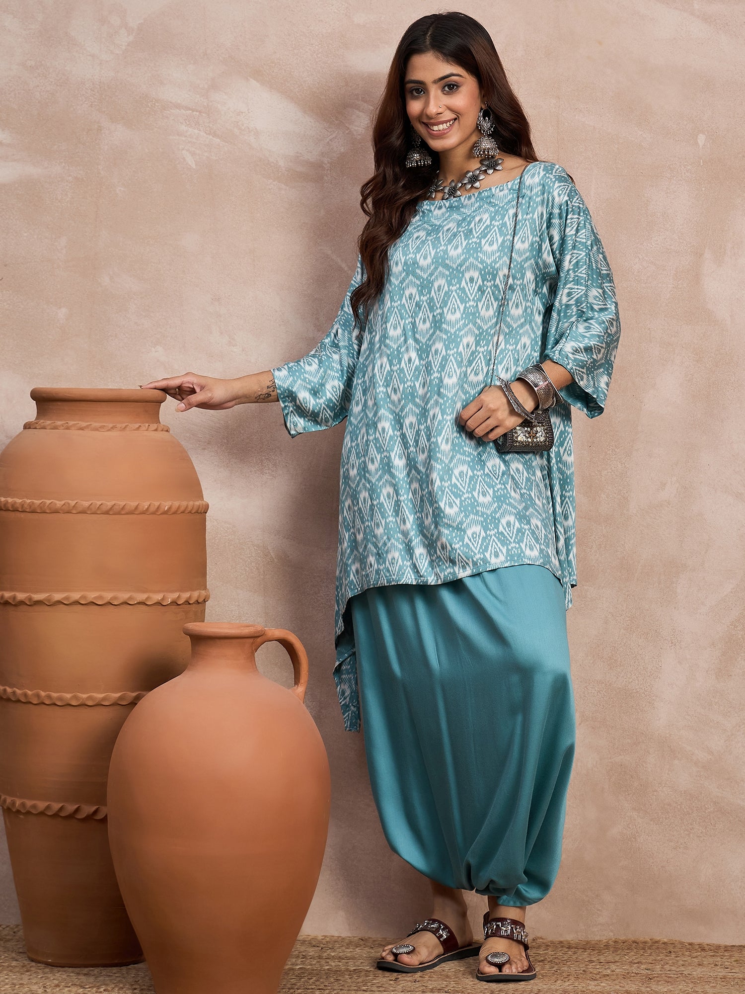 Light Teal Foil Boat Neck Dhoti Set