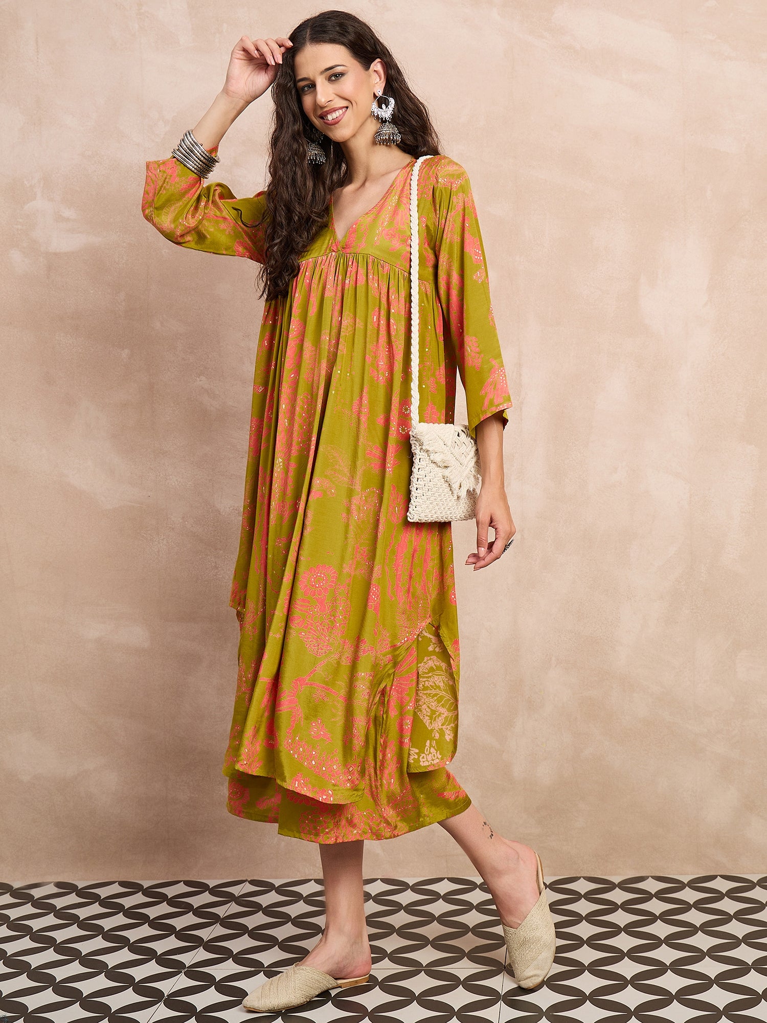 Light Olive Peach Print Flared Kurta Set