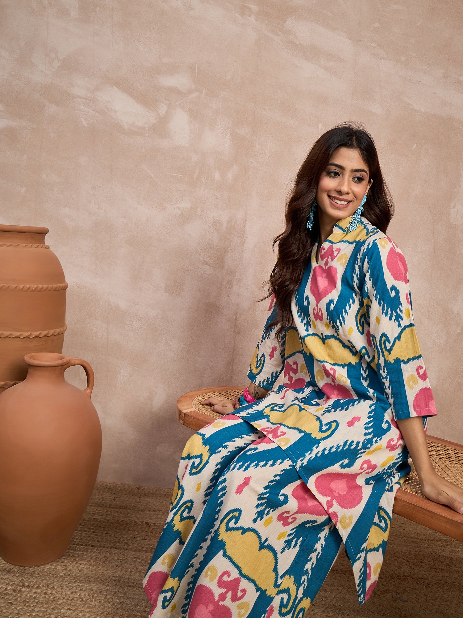 Teal Red Ikkat Print Mandarin Neck Kurta Set