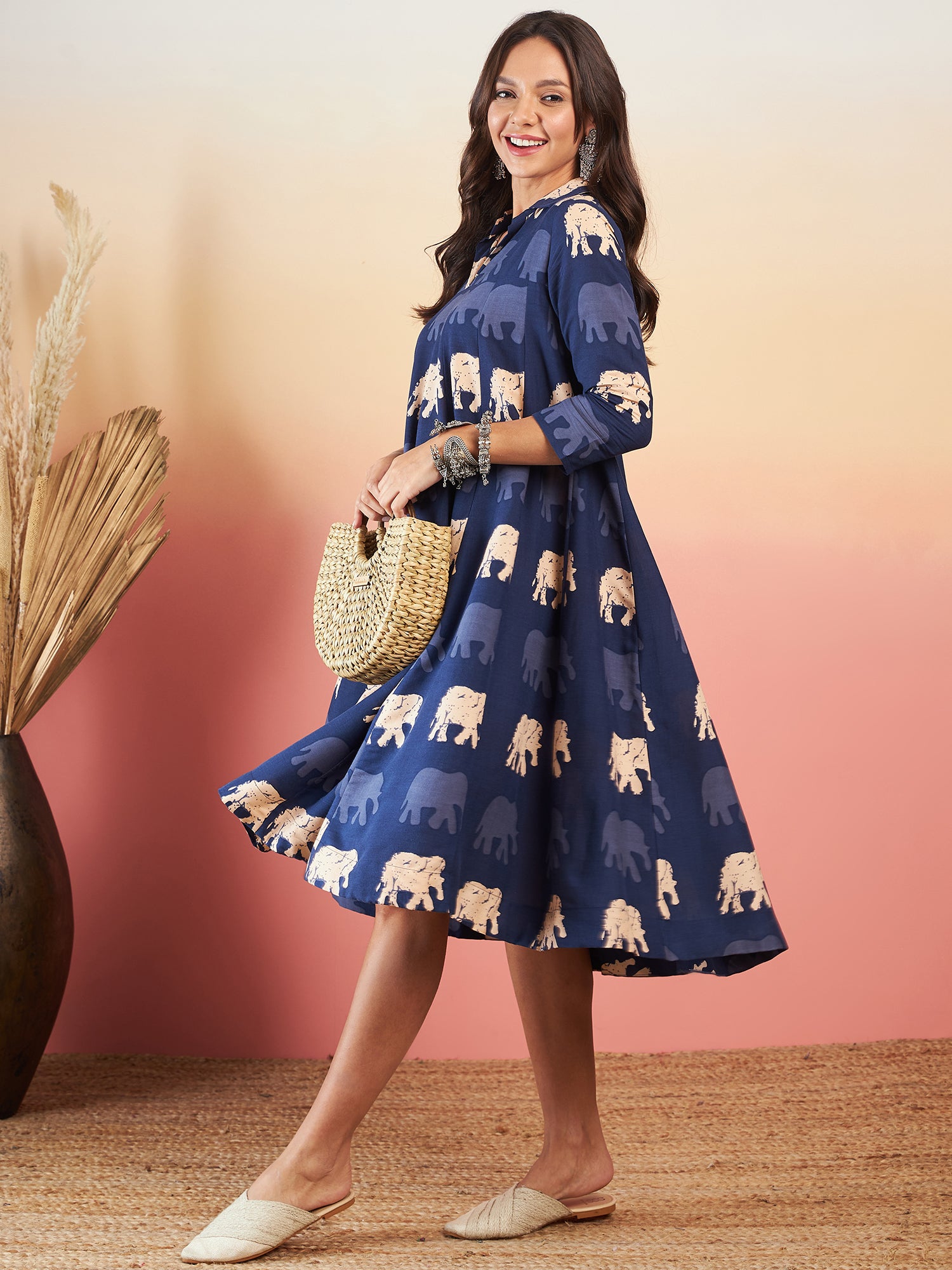 InWeave Blue Elephant Print Flared Dress S for Women InWeave Blue Elephant Print Flared Dress S for Women