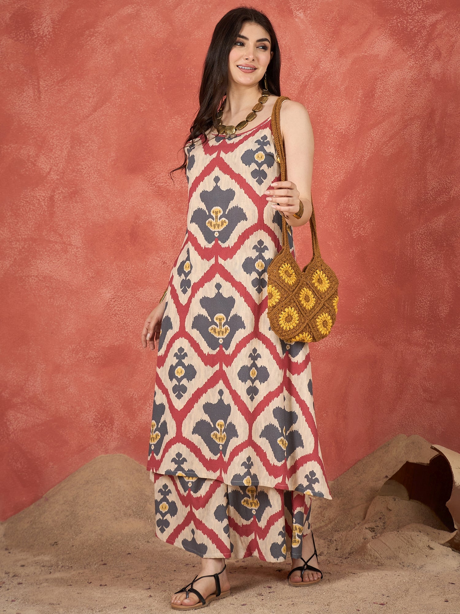 Beige Red Grey Ikkat Print Button Strappy Kurta Set