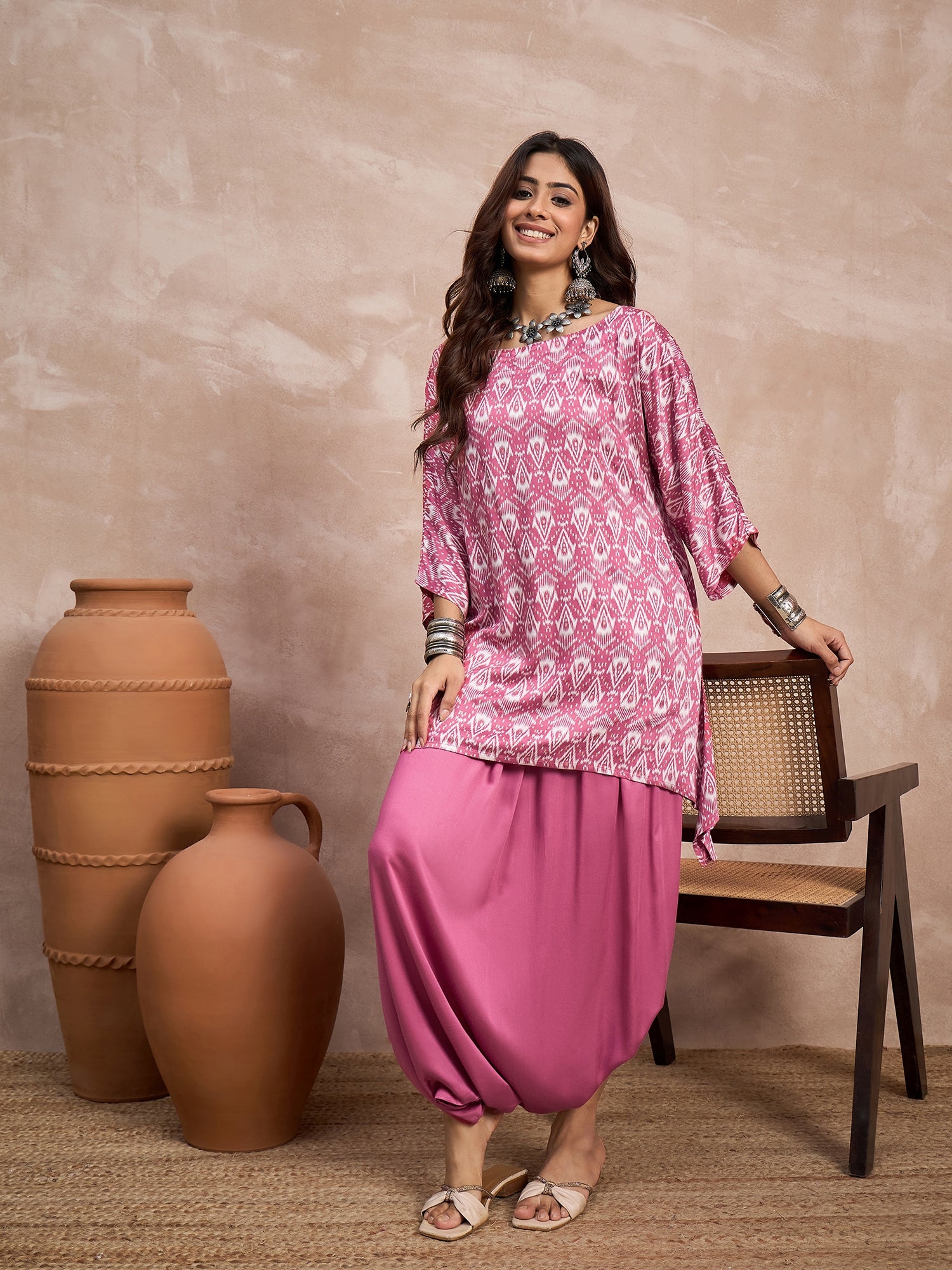 Punch Pink Foil Boat Neck Dhoti Set