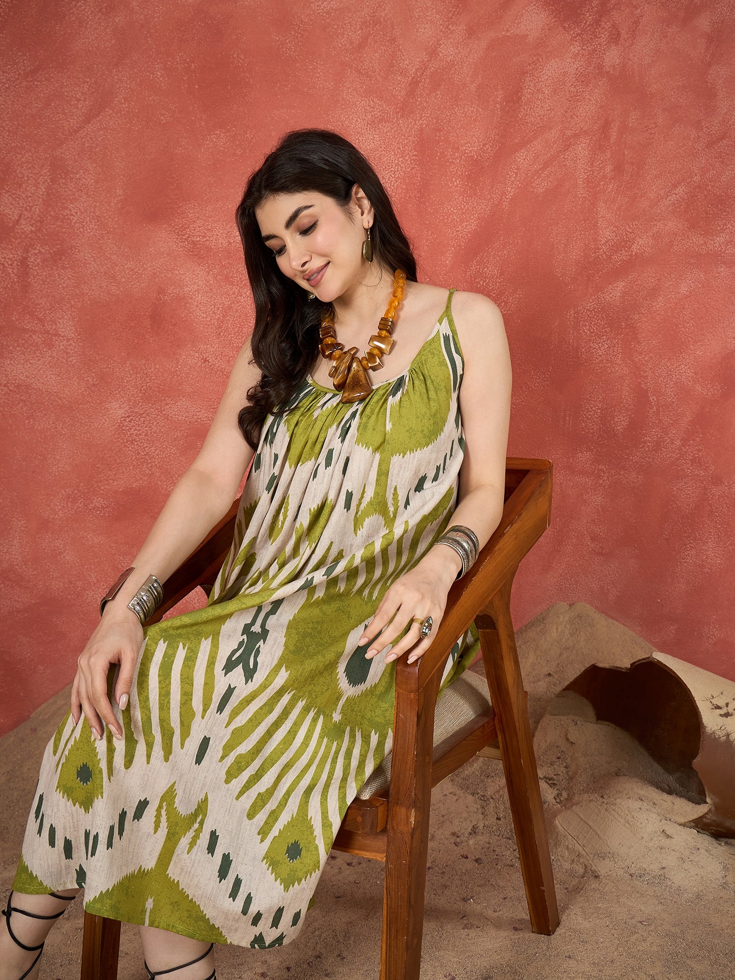 Olive White Ikkat Print Strappy Dress