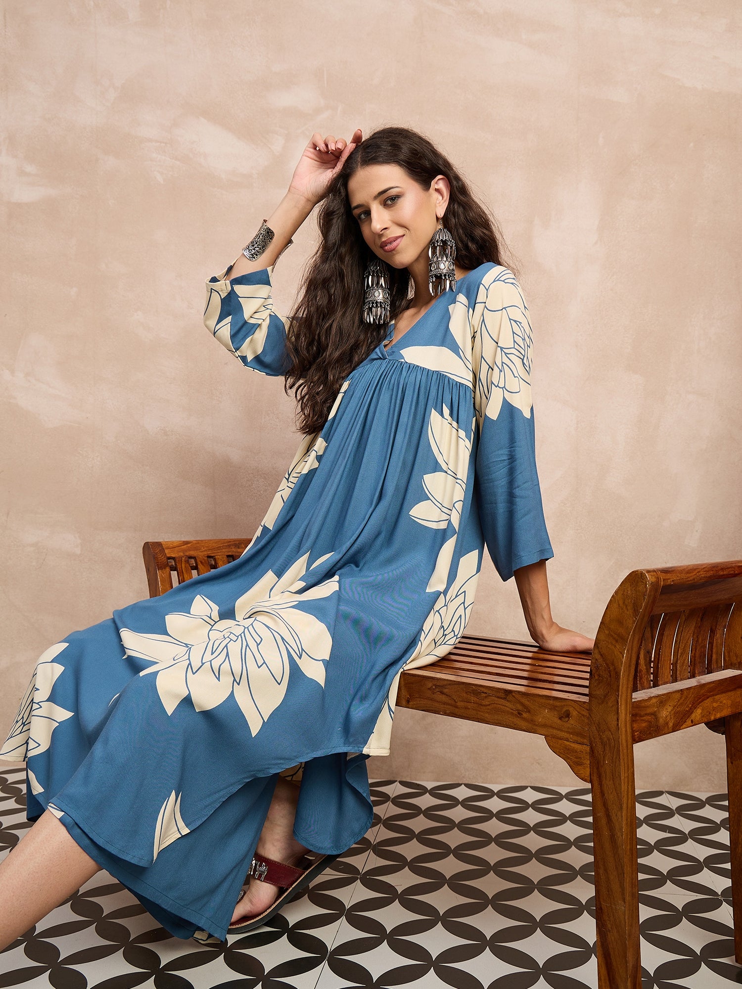 Blue Big Lotus Print Flared Kurta Set