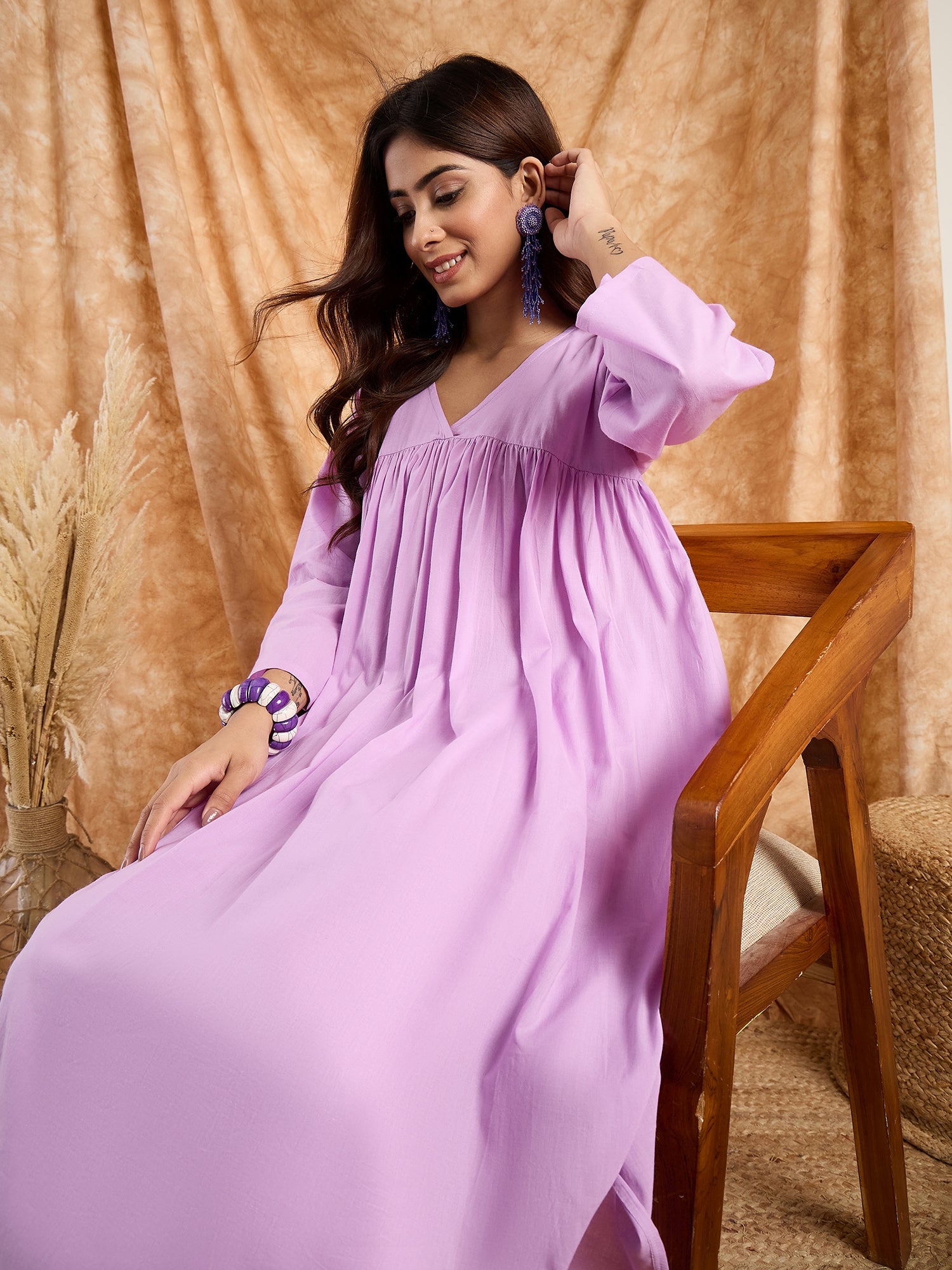 Lavender Pastel V Neck Flared Kurta Set