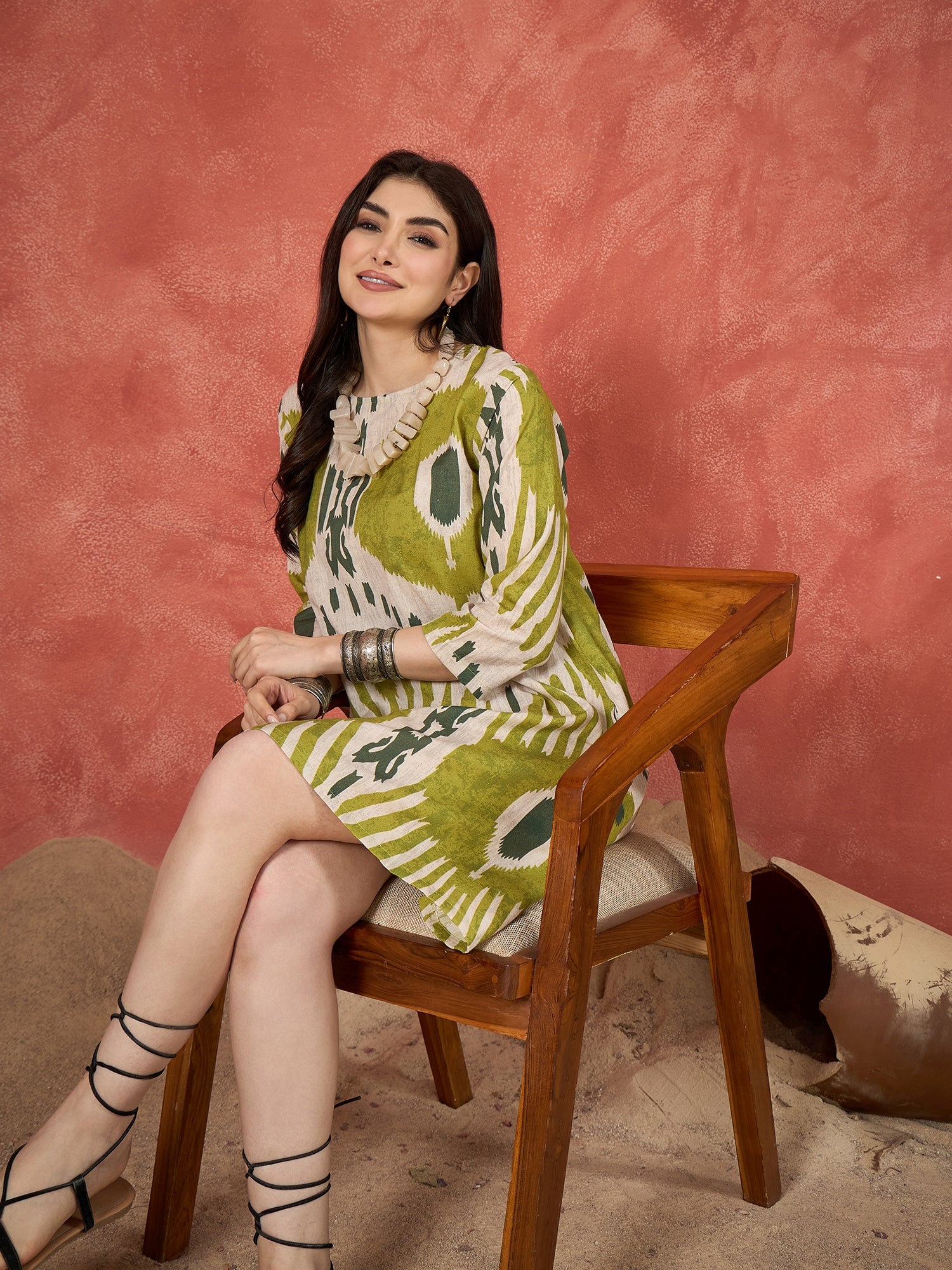 Olive White Ikkat Print Round Neck Short Dress