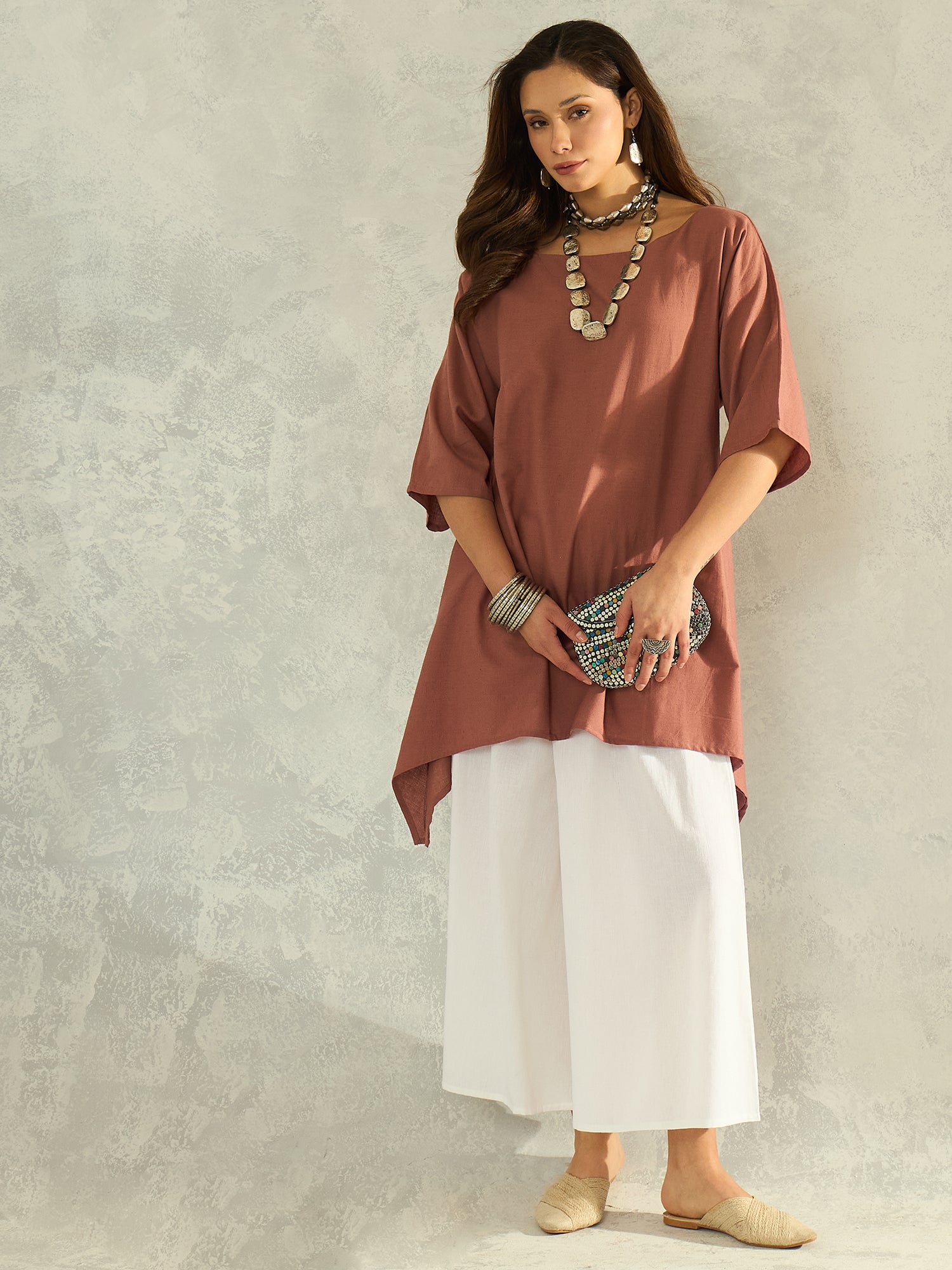 Brown Boat Neck White Palazzo Set