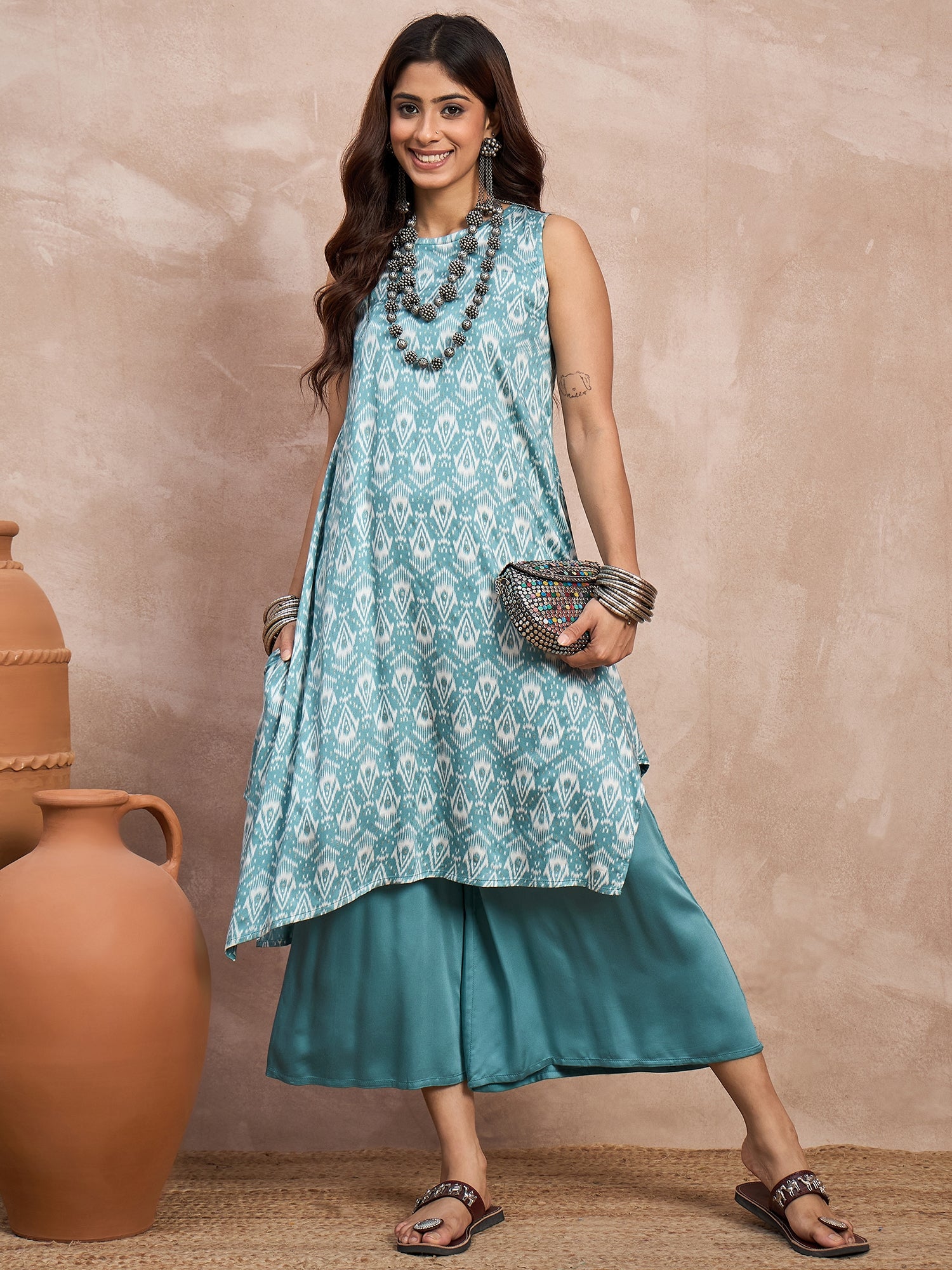 Light Teal Foil Kurta Palazzo Set