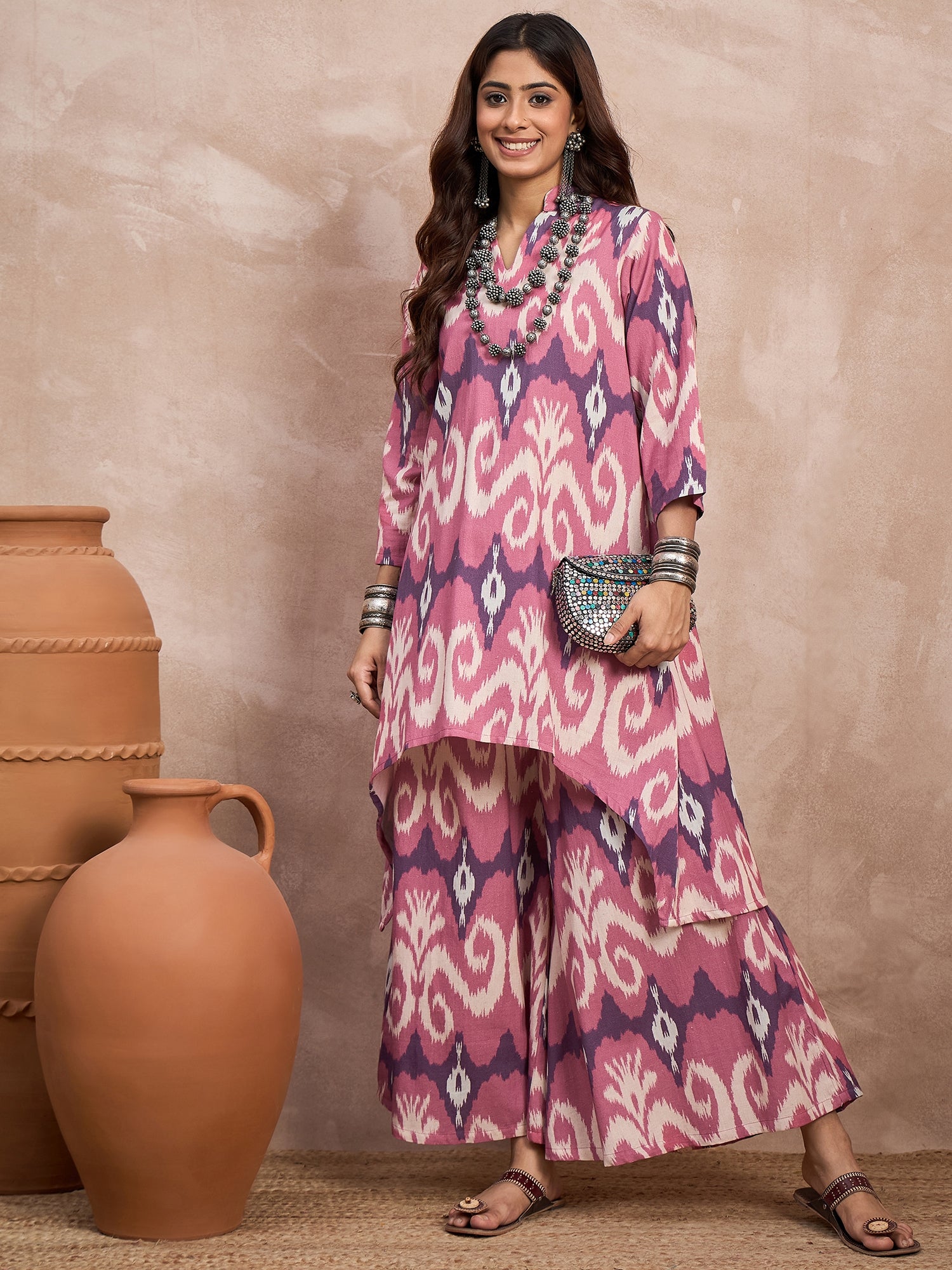 Dull Pink Ikkat Print Mandarin Neck Kurta Set