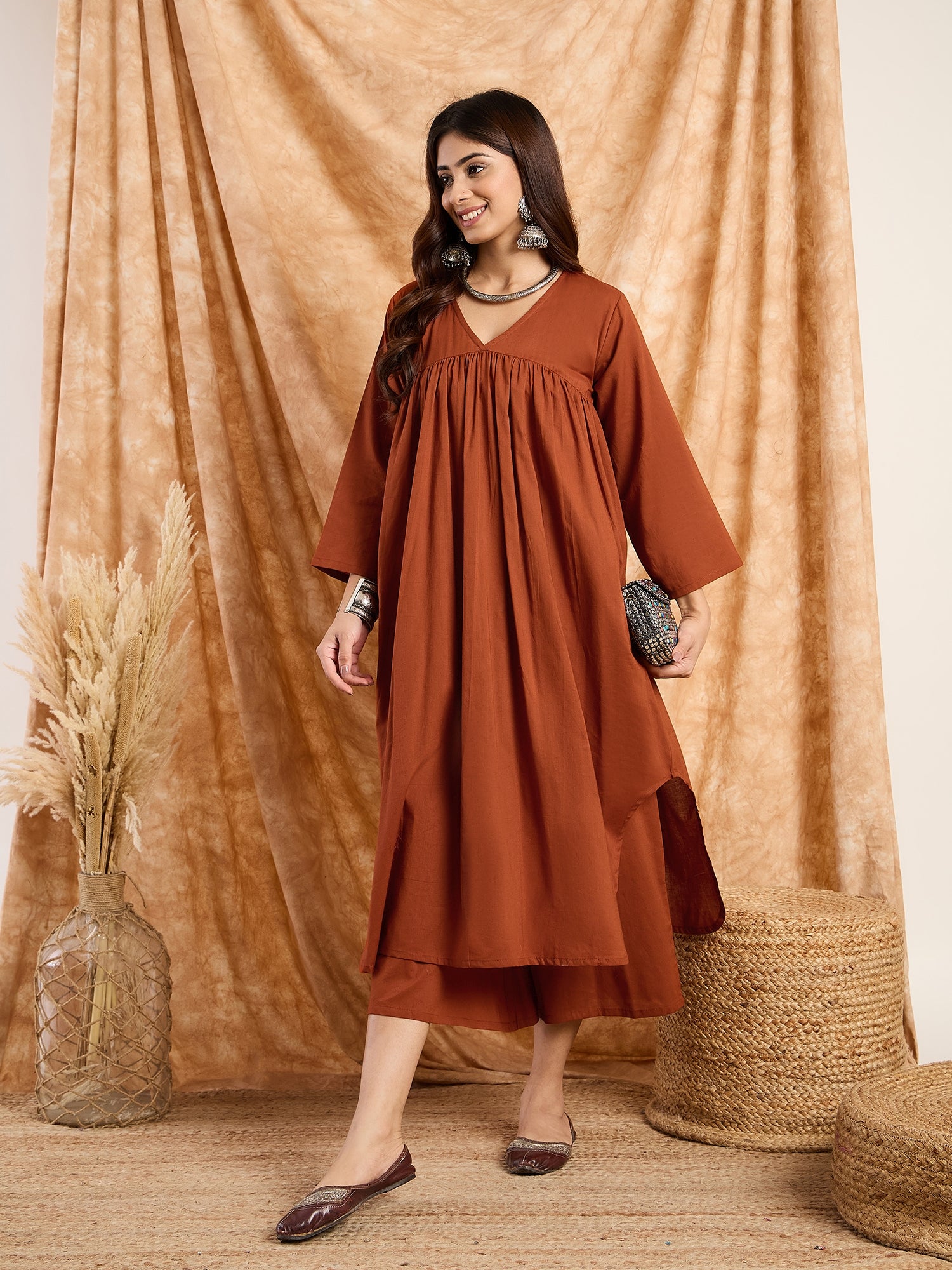 Rust V Neck Flared Kurta Set