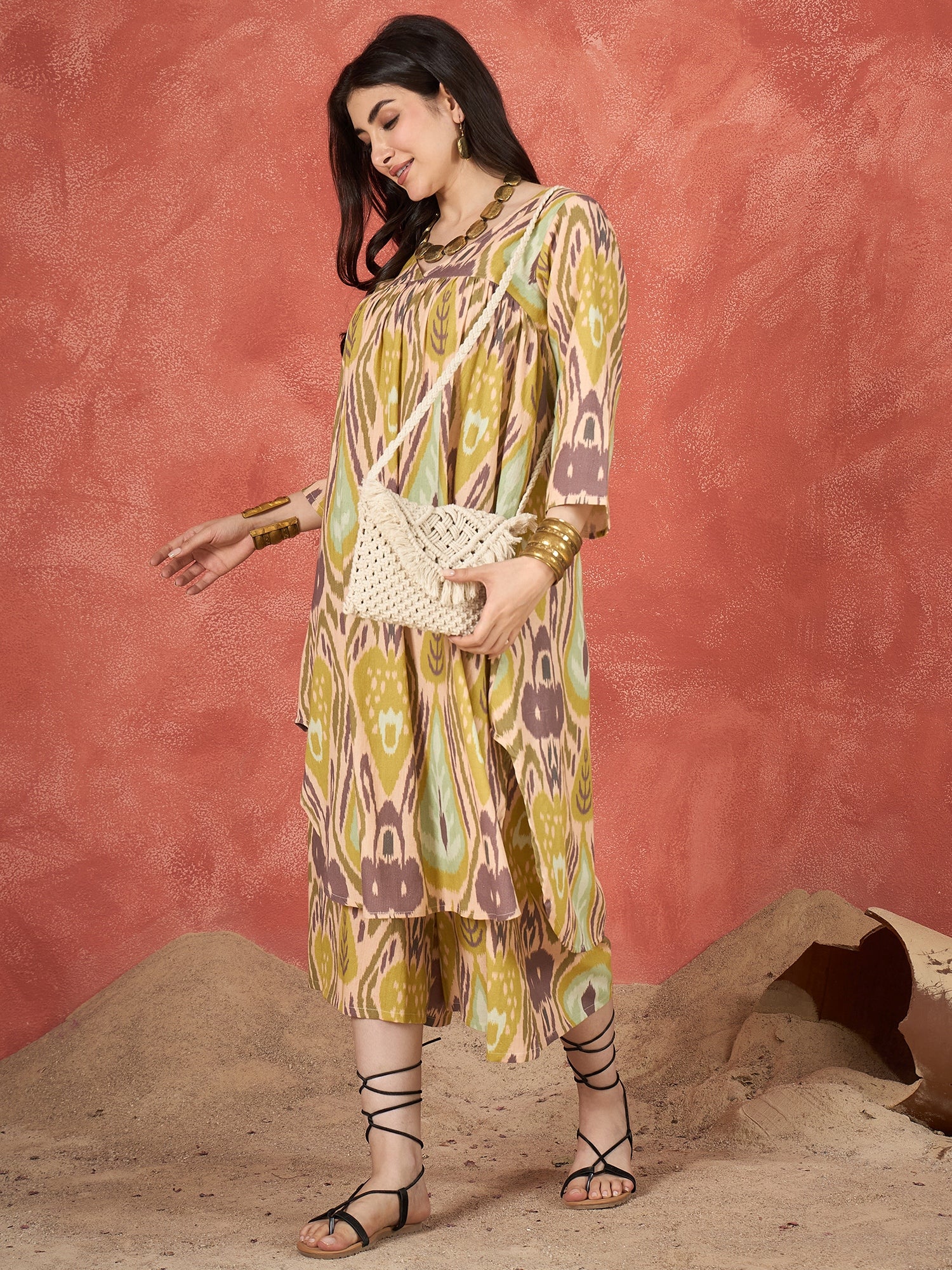 Olive Brown Ikkat Print V Neck Kurta Set