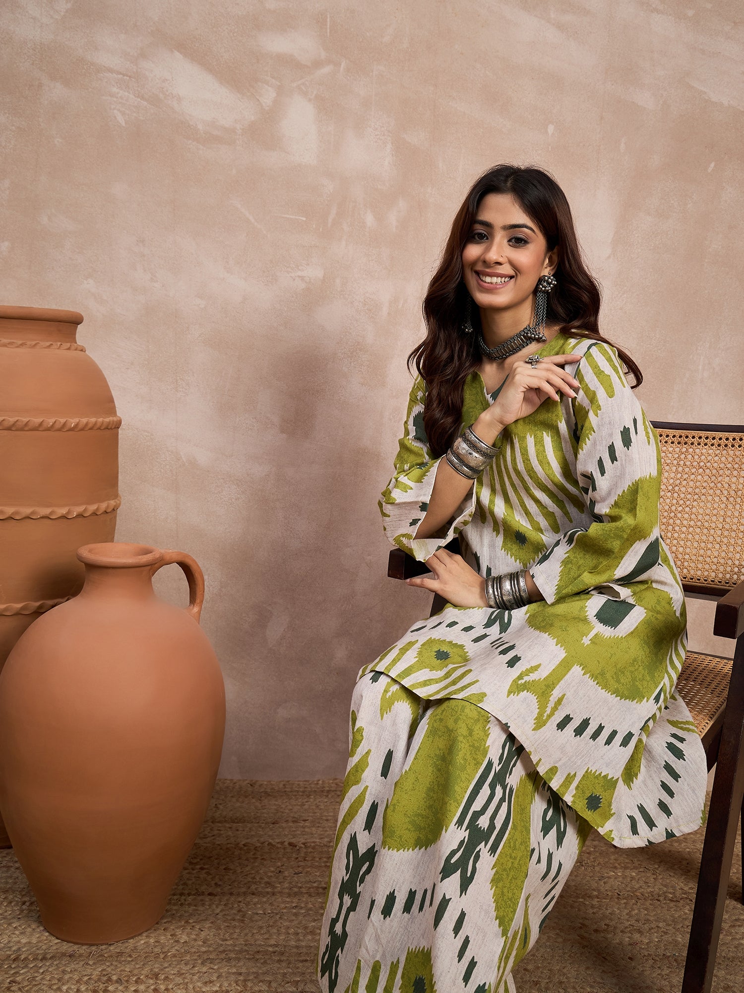 Olive White Ikkat Print Long Sleeve Kurta Set