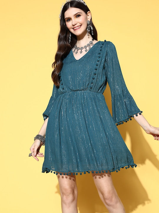Teal Lurex Dress With Lace