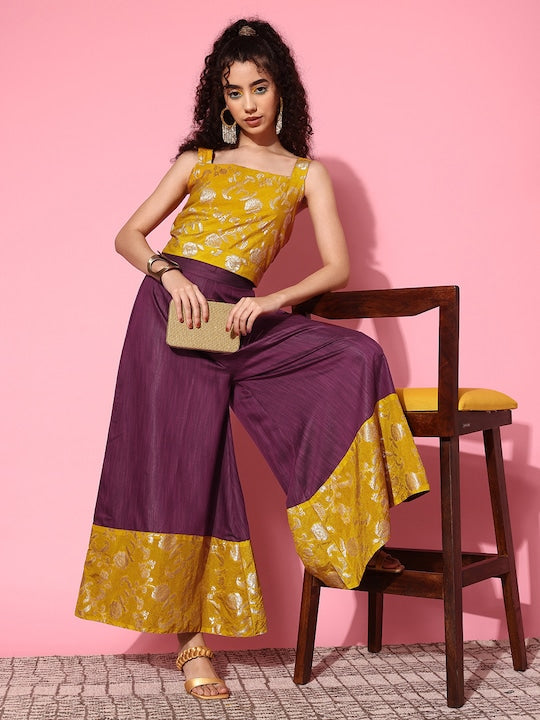 Yellow Brocade Strappy Top W Wine Yellow Brocade Palazzo Set