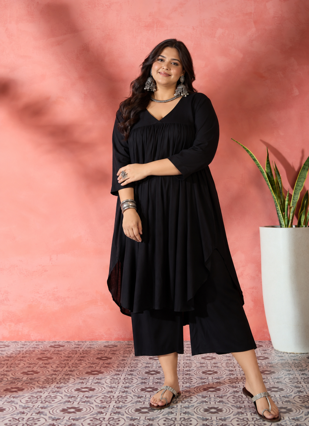 Black Flared Kurta Short Palazzo Set