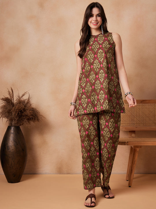 Mehandi Green Abstarct Printed Coords Set