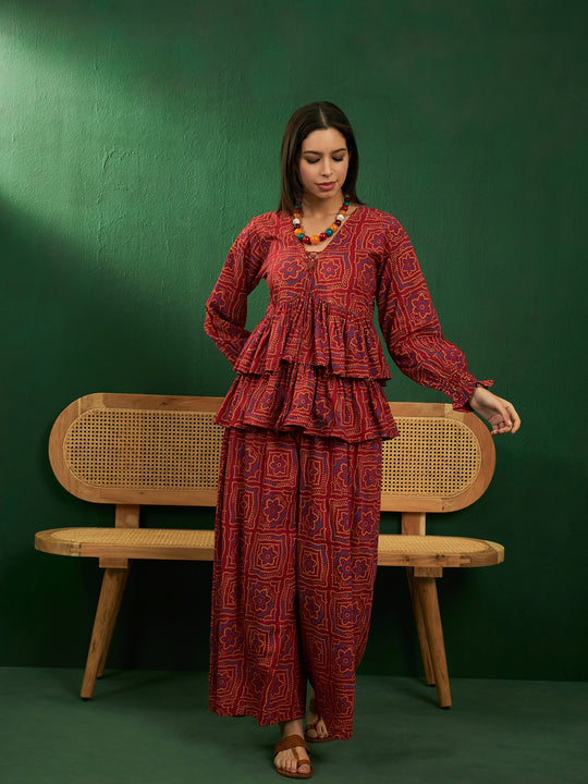 Maroon Bandhani Tiered Full Sleeve Neck Dori Coord Set
