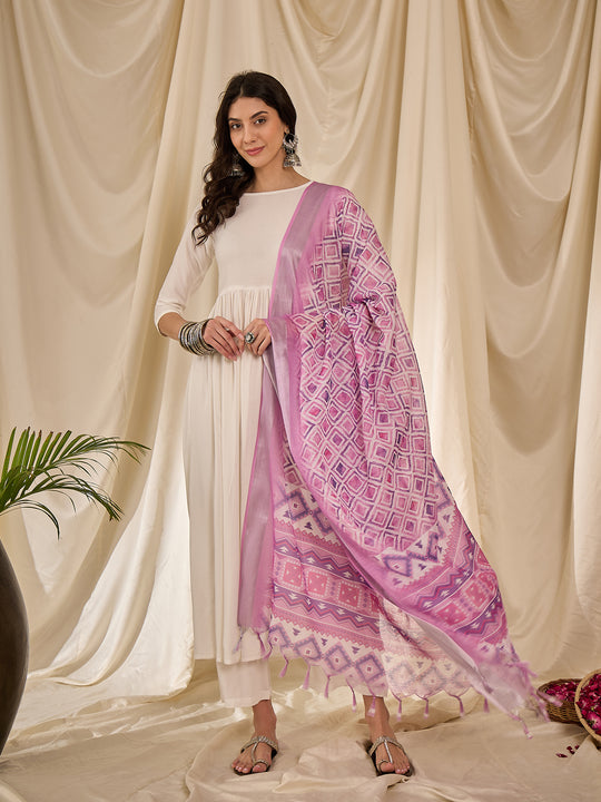 White Long Anarkali Lavender Ogee Dupatta Set