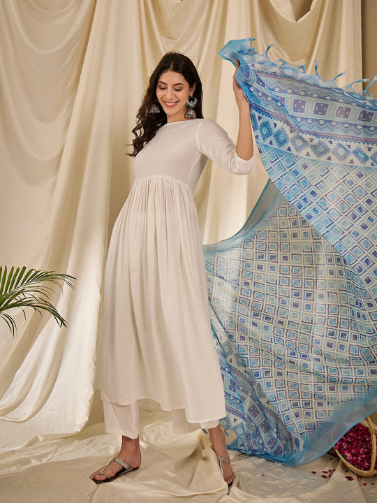 White Long Anarkali Skyblue Ogee Dupatta Set