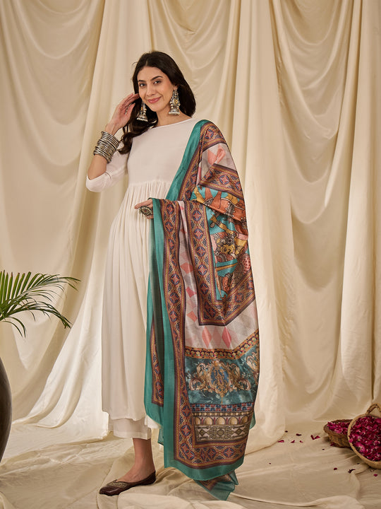 White Long Anarkali Rama Green Dupatta Set