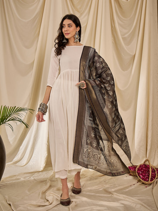 White Long Anarkali Black Beige Dupatta Set