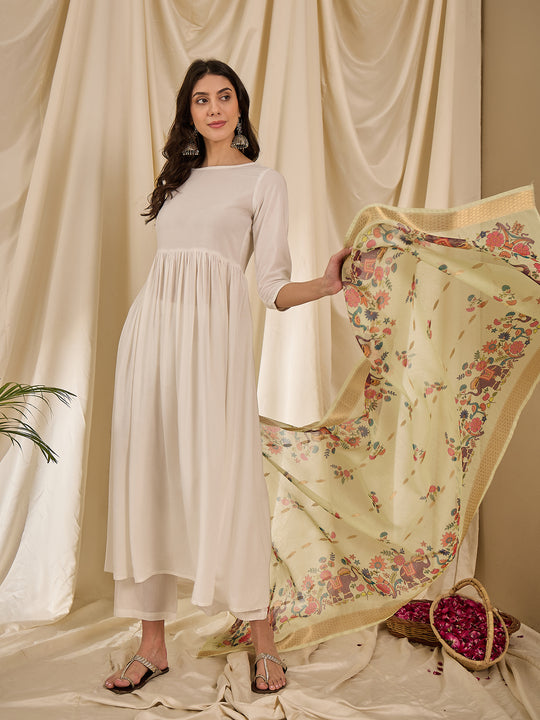 White Long Anarkali Mint Green Dupatta Set