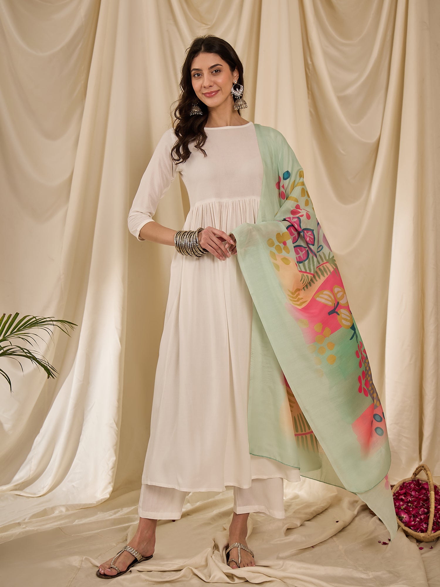 White Long Anarkali Light Green Dupatta Set