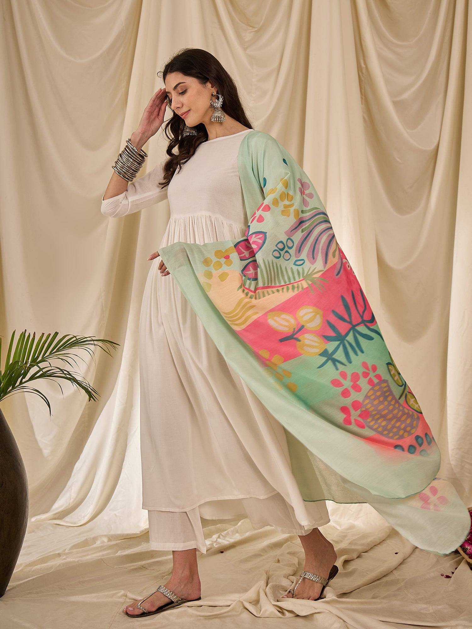 White Long Anarkali Light Green Dupatta Set