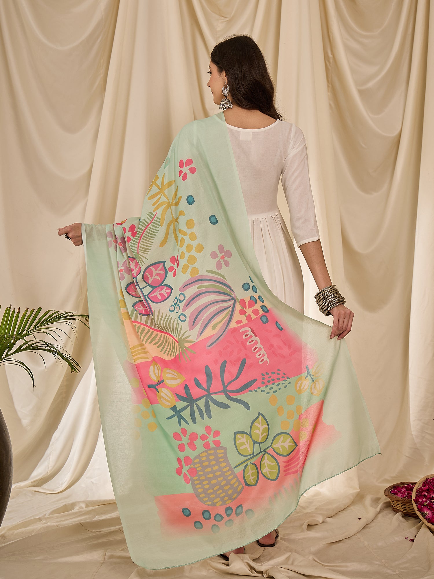White Long Anarkali Light Green Dupatta Set