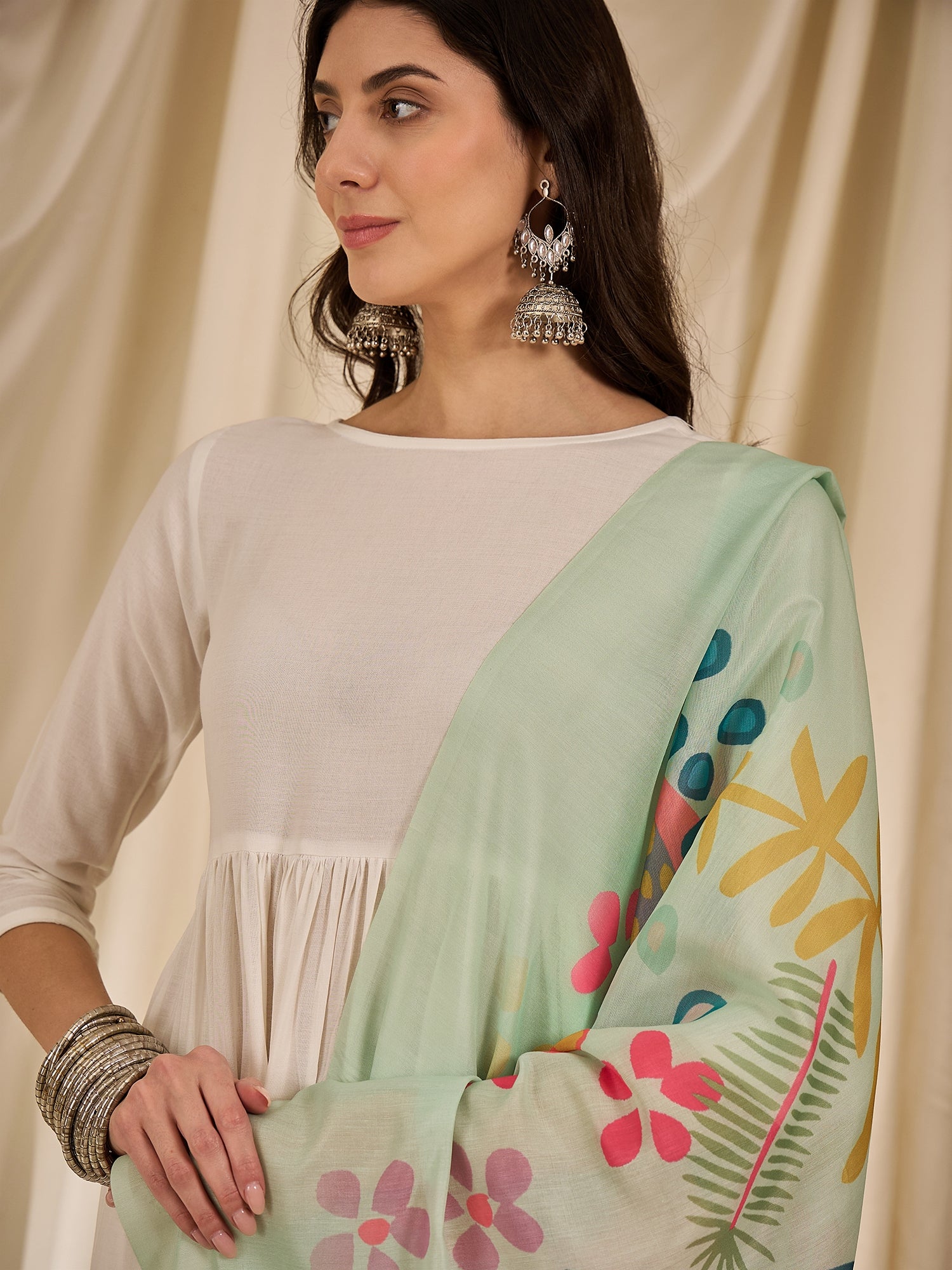 White Long Anarkali Light Green Dupatta Set