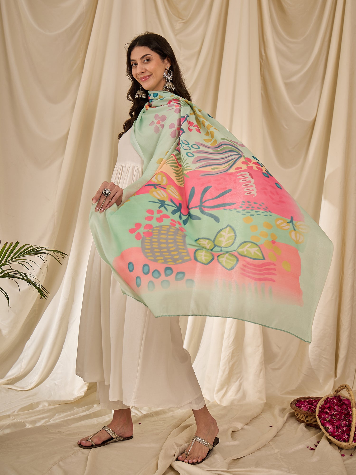 White Long Anarkali Light Green Dupatta Set