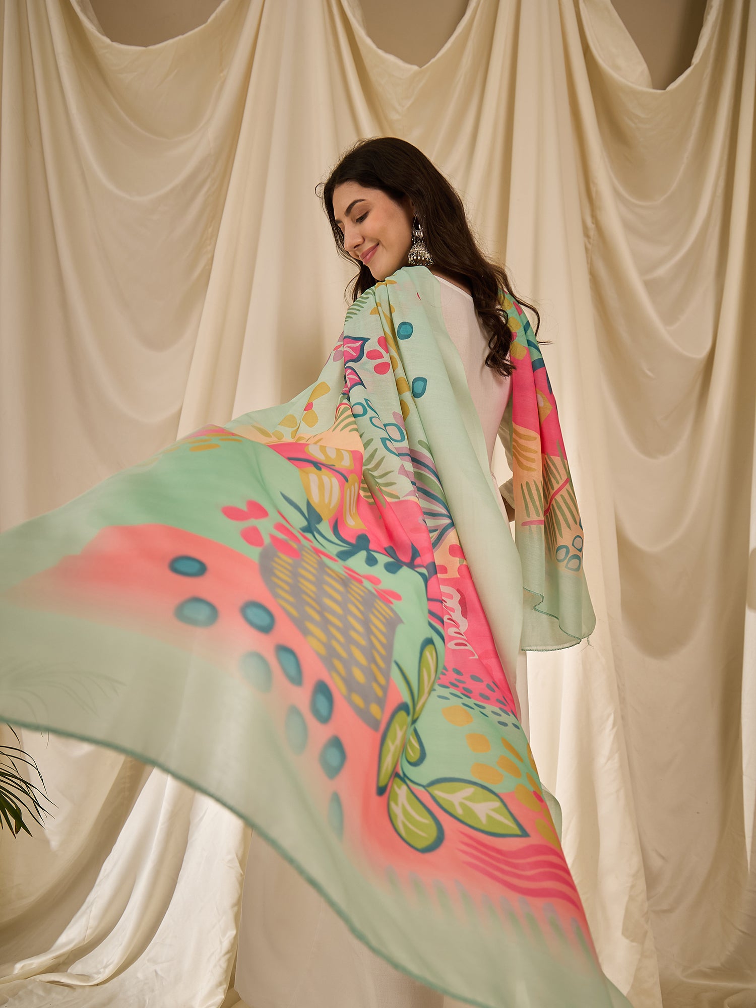 White Long Anarkali Light Green Dupatta Set