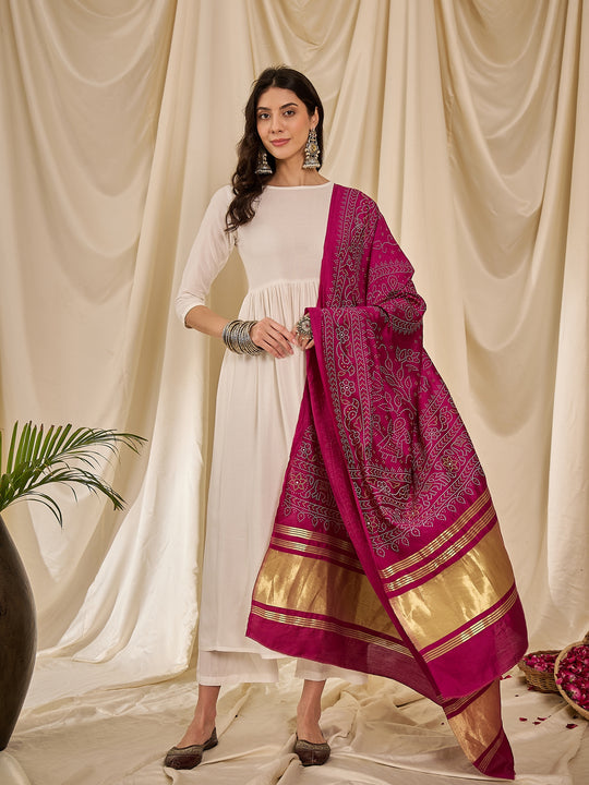 White Long Anarkali Wine Dot Dupatta Set