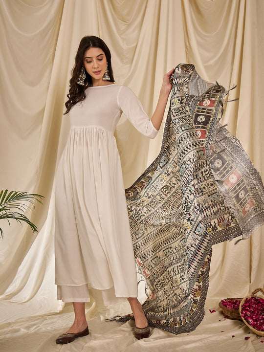 White Long Anarkali Black Tribal Arts Dupatta Set