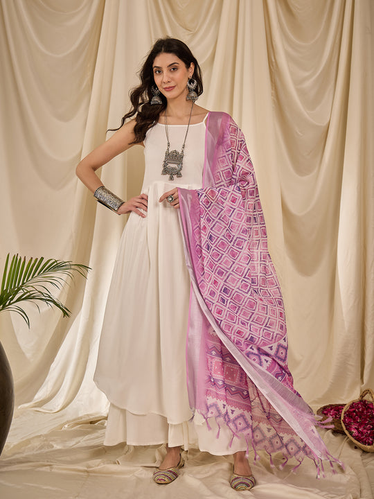 White Strappy Lavender Ogee Dupatta Set